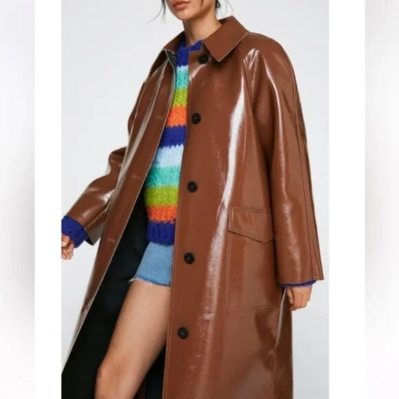 Nasty Gal Petite Vinyl Mac Coat Womens/ Juniors 0 Brown Button Down Trench - Picture 1 of 10